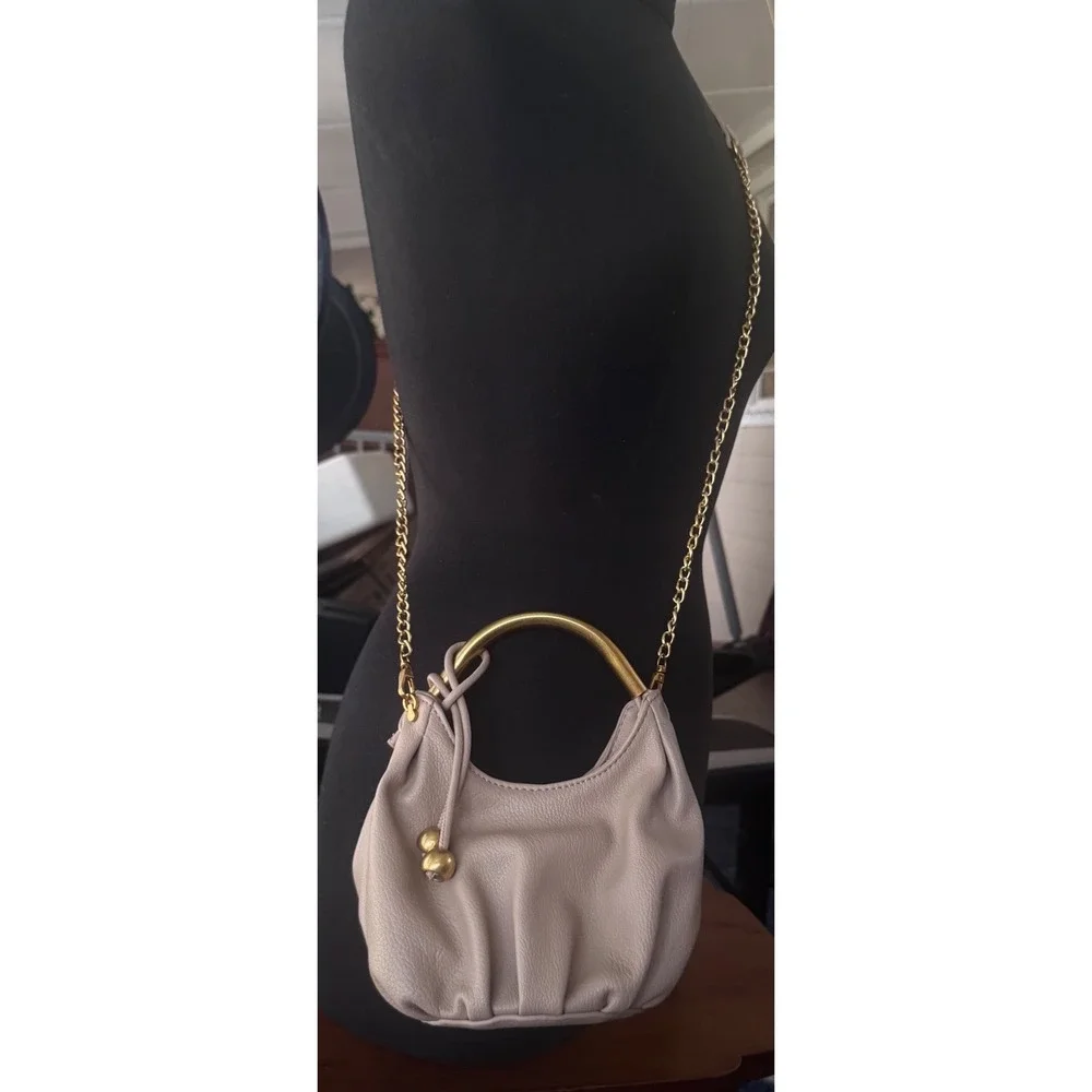Antik Kraft‎ Taupe Vegan Leather Hobo Bag Gold Metal Handle Crossbody EUC 5x7x4
